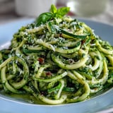 Close-up of sautéed Zucchini Noodles with Pesto, bright green sauce coating the spirals.