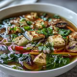 Vietnamesisch inspirierte Tofu-Gemüse-Suppe, einfach, belebend, bereit zum Geniessen.