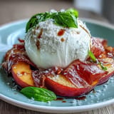 Frischer Burrata und Pfirsich Salat mit Prosciutto, perfekt für leichte Sommermahlzeiten.
