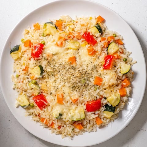 Golden, bubbly Oven-Baked Rice with Vegetables & Cheese, a family-friendly vegetarian dinner option.