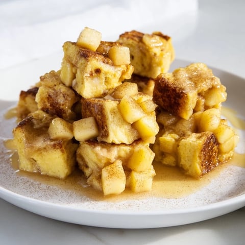 Golden bread pudding with apples and cinnamon, gently sprinkled with brown sugar, baked to perfection.
