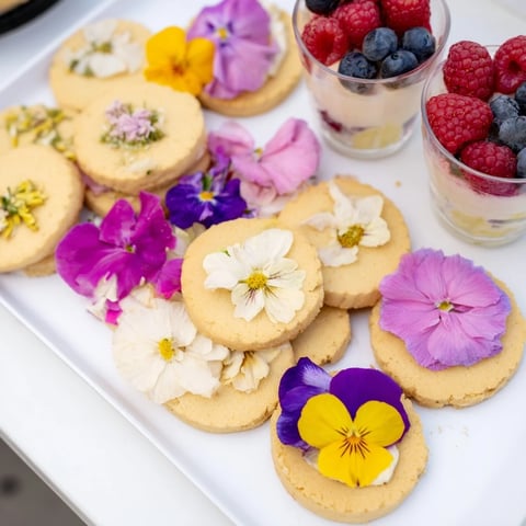 Here are the three ALT texts for the Spring Flower Dessert Tray, following all the instructions provided:
