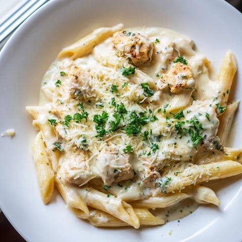 Ein dampfender Chicken Alfredo Bake mit goldbraunem Käse und cremiger Sauce, servierfertig.