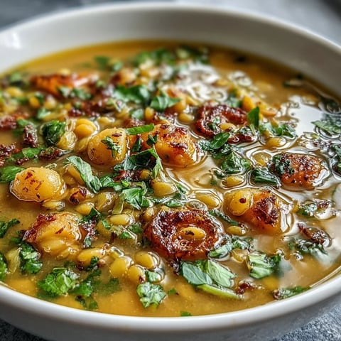 Ein dampfender Topf Mungbohnensuppe mit frischem Koriander und einem Spritzer Zitrone garniert.