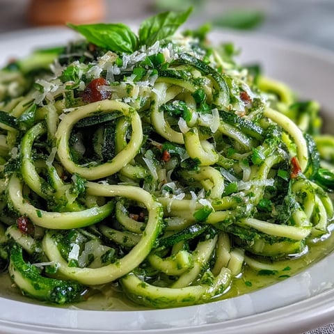 Zucchini Noodles with Pesto in a white bowl, topped with Parmesan and fresh basil leaves.