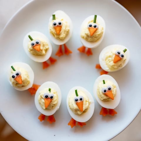 These adorable, bite-sized Chick & Duckling Snacks features eggs, vegetables, cream cheese, perfect for a picnic.