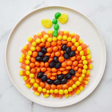 Halloween delight: this Jack-o-Lantern Candy Board features orange, green, and black candies arranged beautifully.