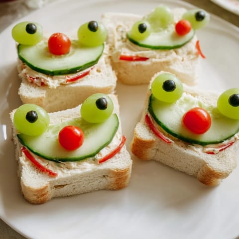 A closeup showcases kid-friendly Prince Charming Froggy Sandwich Cutouts, ready to eat, with cucumber filling.