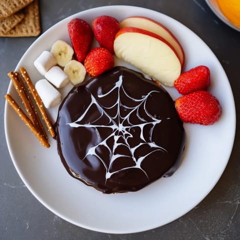 This show-stopping Spiderweb Chocolate Ganache Board features a smooth, glossy dark chocolate base for dipping.
