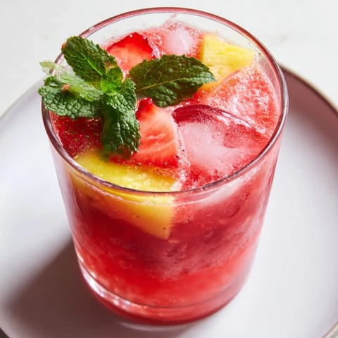 Close-up of a DIY fruit refresher drink with fresh strawberries, perfect for a hot day.