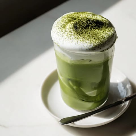 Frothy cold foam tops a bright green creamy matcha latte, perfect for a refreshing treat.