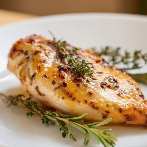 Saftiges Hähnchenfilet, glänzend in einer cremigen Honig-Dijon-Sauce, garniert mit frischer Petersilie und Rosmarin.