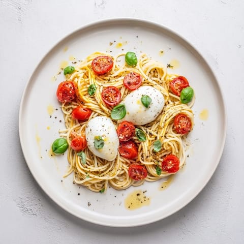 Top view of a serving of Burrata Caprese Pasta with juicy cherry tomatoes and fresh basil on a wooden table.