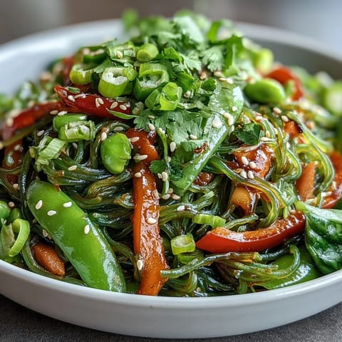 Frisch zubereitete Kelp Noodle Stir-Fry mit knusprigen Karottenstreifen und glänzenden Sesamkörnern  