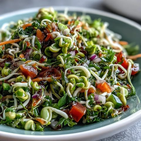 Frischer Sprouted Seed Salad mit knackigem Gurke, Tomate und rotem Pfeffer auf hellem Teller.