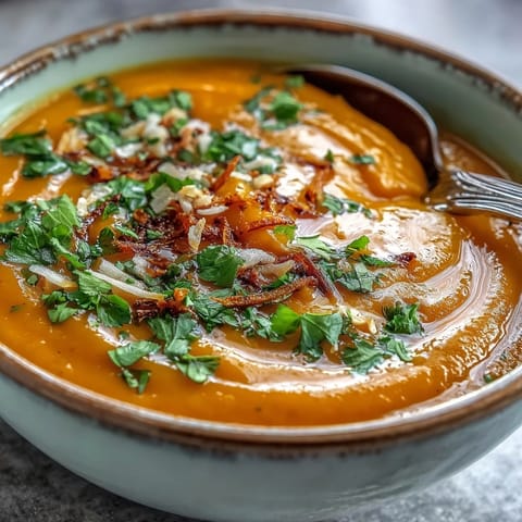 A bowl of Carrot and Coconut Soup beside warm naan bread.