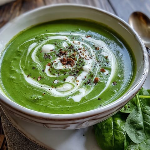 Velvety Spinach Soup swirled with cream, served warm in a rustic bowl for a cozy lunch.