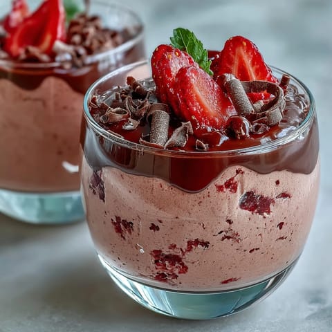 Lufte Chocolate-Covered Strawberry Mousse mit glänzender Schokoladenglasur und Minzblatt als Dessertbeilage.