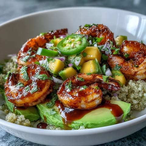 Zesty Mango Salsa and grilled shrimp on creamy avocado with lime chili sauce and quinoa.