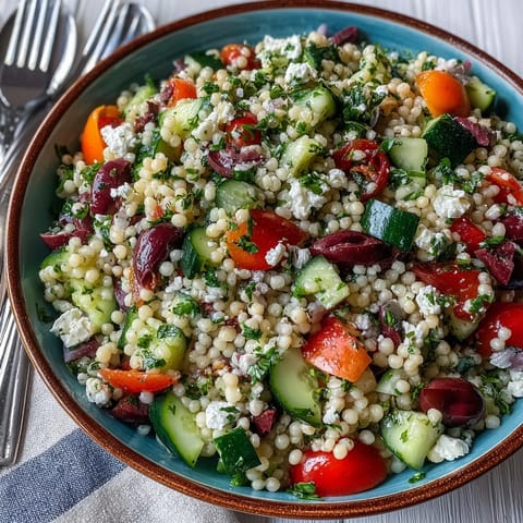Mediterranean Pearl Couscous mit knackigem Gemüse und Feta, perfekt für ein leichtes Mittagessen.