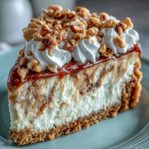 Glattes Nutter Butter Cheesecake mit zarter Erdnussnote, serviert auf einem Nutter Butter-Krustenboden und toppet mit luftiger Schlagsahne.