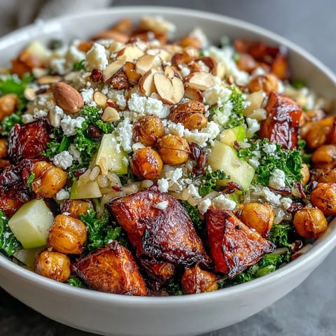 Eine farbenfrohe Fall Harvest Bowl mit gerösteten Süßkartoffeln und knackigen Brüsseler Sprouts, gesagt mit Käse und Mandeln.