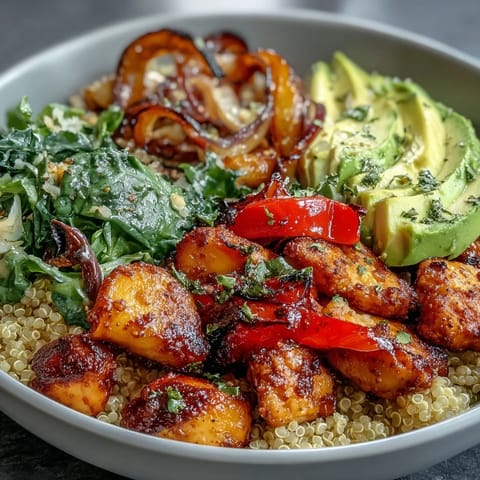 Farbenfrohe Ofengemüse, fluffiger Quinoa und knusprige Hähnchenbruststreifen in einem Paprika Roasted Vegetable Quinoa Bowl.