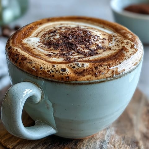 Porenfoam eines japanischen Hojicha Cappuccino auf warmem Milchspeiseschaum serviert.