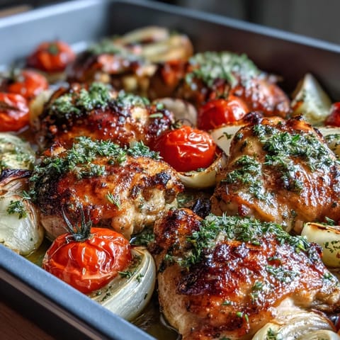 Spring Dinner Sheet Pan Chicken mit Zucchini und Cherry Tomaten – saftiges Hühnchen mit goldbraunem Gemüse, perfekt für ein schnelles Abendessen.