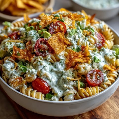 Lebhafte Taco-Nudelsalat-Schüssel mit frischen Gemüse und cremiger Sauce, perfekt für Sommer-Brunchs.