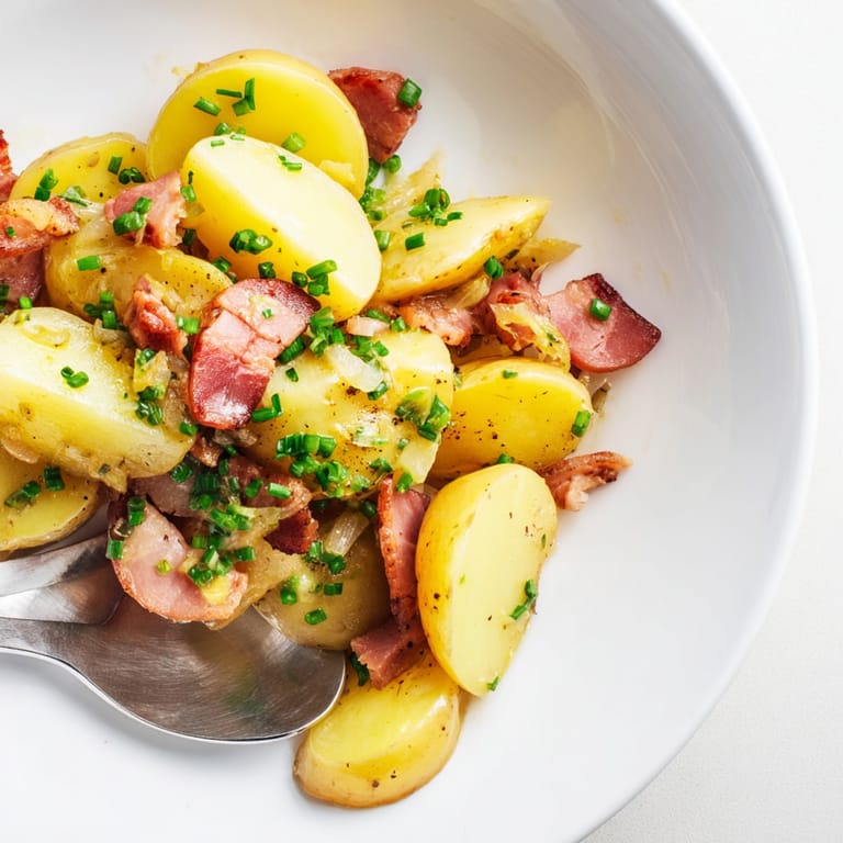 Detailaufnahme von deutschem Kartoffelsalat: Cremige Kartoffeln, knuspriger Speck, frische Kräuter, fertig zum Servieren.