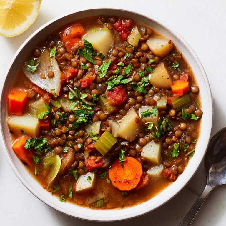 Ein leckerer One-Pot-Linsen-Eintopf, perfekt für gemütliche Abendessen an kalten Tagen.