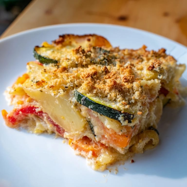 Herzhafter Kartoffel- und Gemüsegratin, garniert mit frischer Petersilie und geschmolzenem Käse.