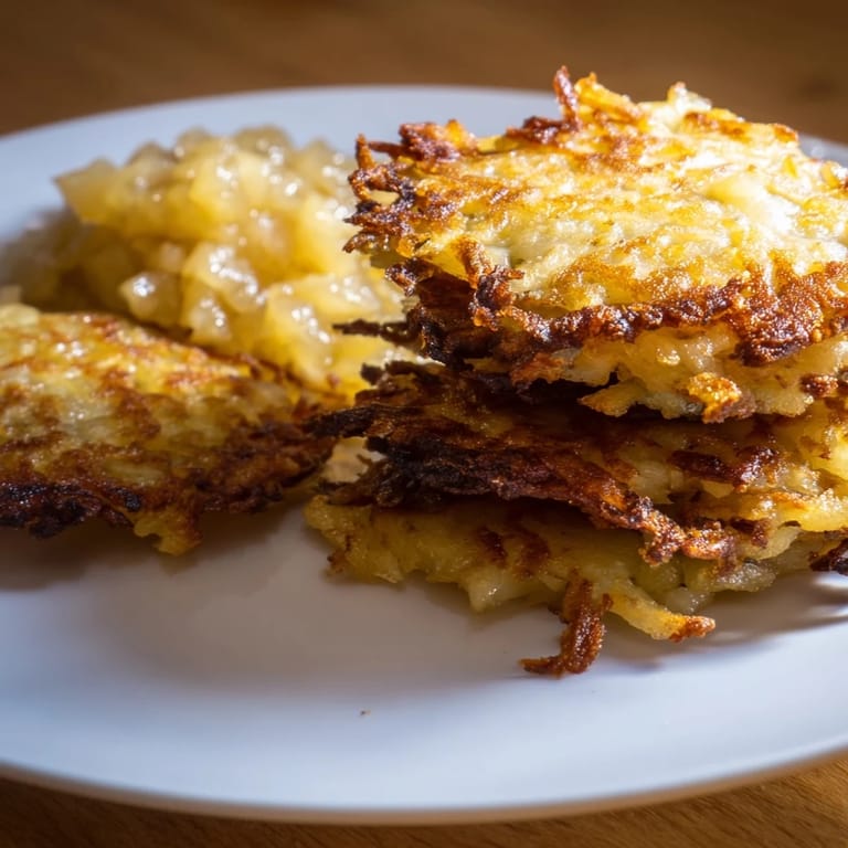 Herzhafte Kartoffelpuffer mit Apfelsoße, perfekt für ein gemütliches Frühstück.  