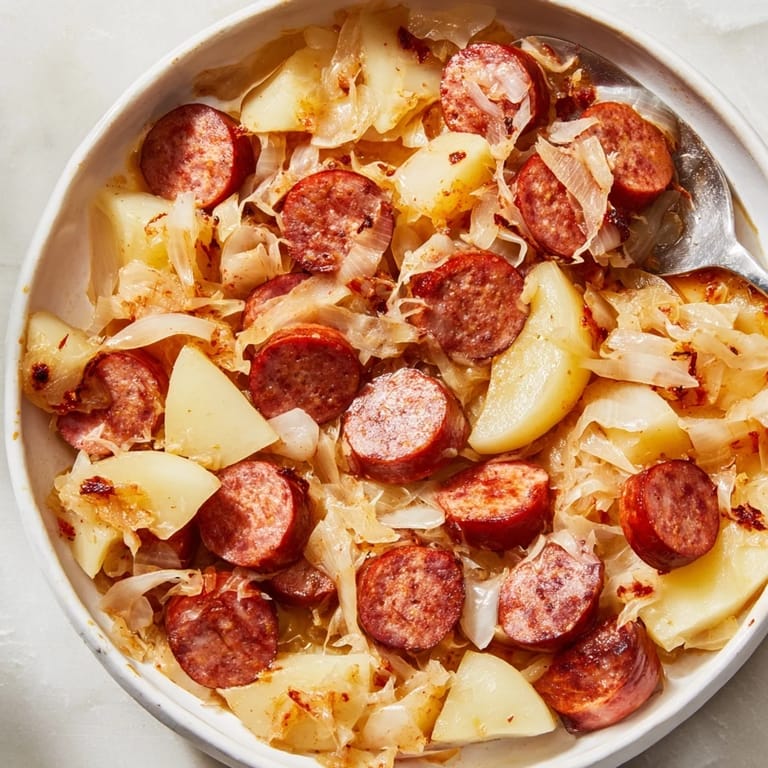 Rustikale Sausage and Sauerkraut Skillet mit deftigem Gemüse und gewürztem Aroma.  