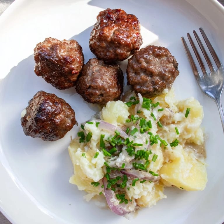 Köstliche Fleischbällchen ergänzt durch frischen deutschen Kartoffelsalat, perfekt für gesellige Abende.  
