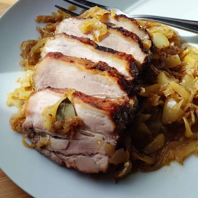 Zartes Roasted Pork serviert auf einer Grundlage aus aromatischem Sauerkraut und Äpfeln.