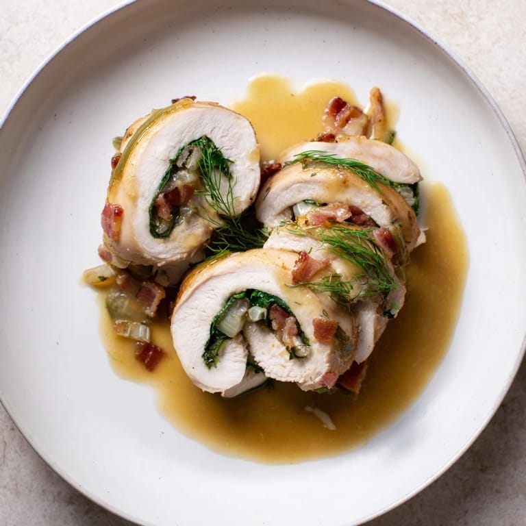 Close-up of tender Quick Chicken Rouladen Rolls, cooked with bacon, mustard, and onion.