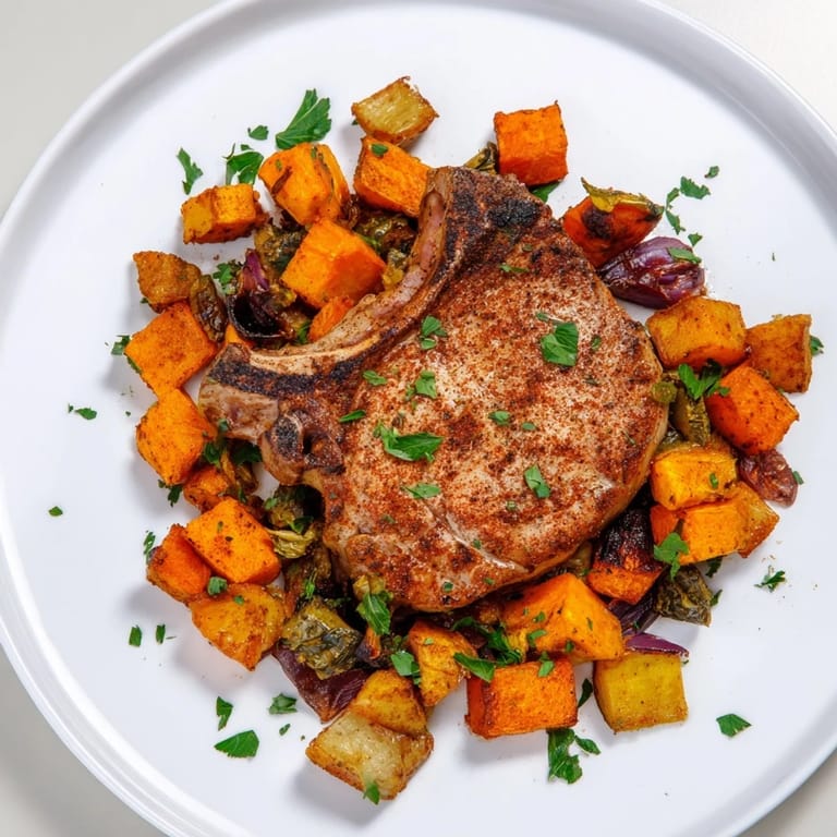 Tender pork chops and roasted root vegetables on a sheet pan; easy Sheet Pan Pork Chop recipe.