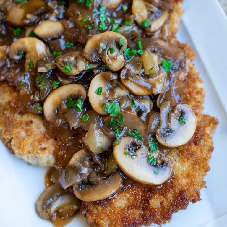 Golden-brown Jaeger Schnitzel rests beneath a rich, creamy mushroom gravy on a plate.