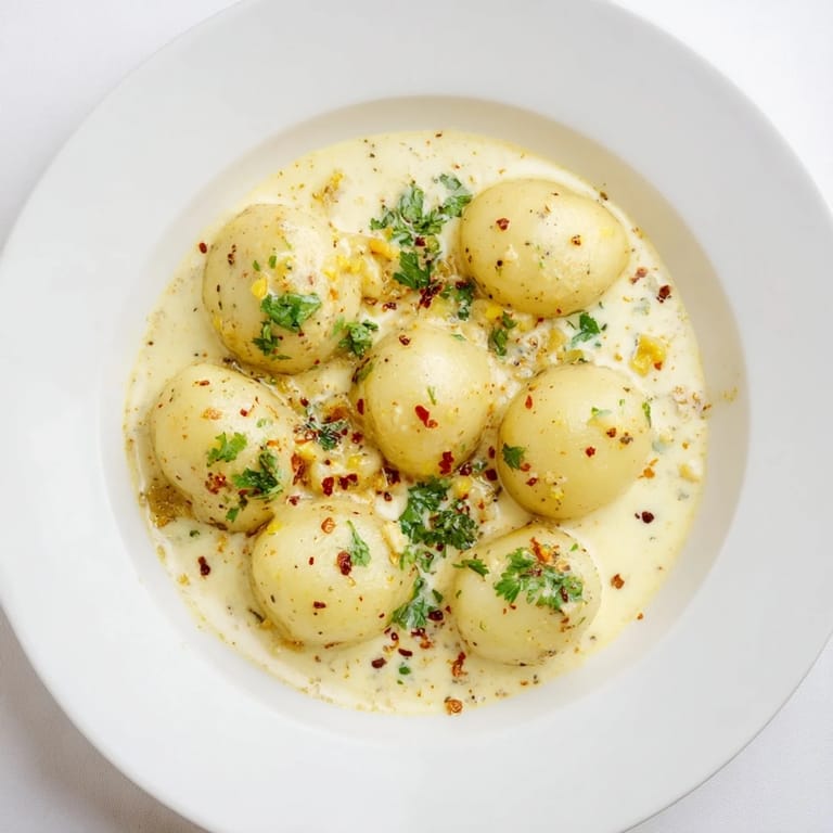 A beautiful bowl with Curry Comfort Potato Dumplings, showcasing the German-Asian fusion textures.