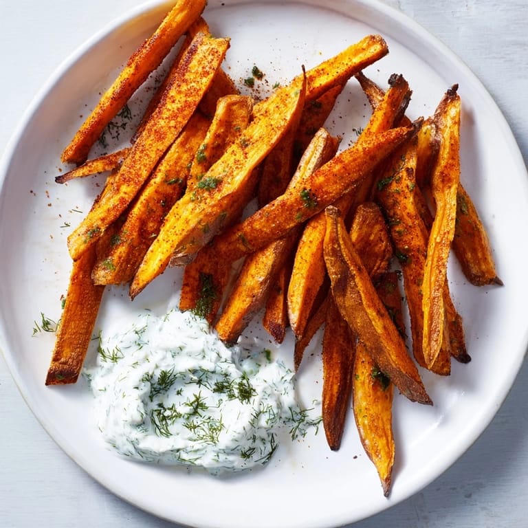 A close-up of crispy sweet potato fries on a baking sheet, ready for serving with yogurt dip.