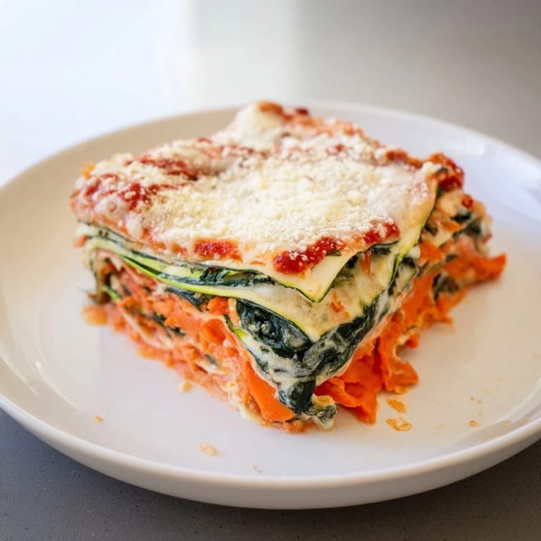 Steaming hot vegetable lasagna with affordable spinach and zucchini, ready to be served.
