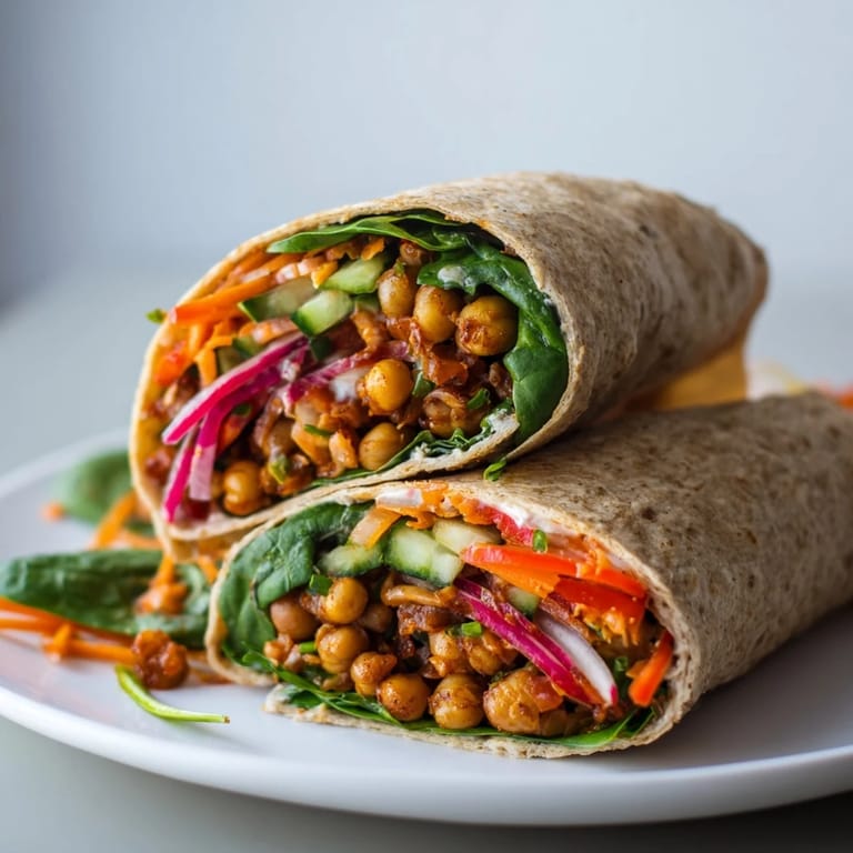 Enjoy a delicious Chickpea & Vegetable Wrap; a healthy lunch with spiced chickpeas and cool vegetables!