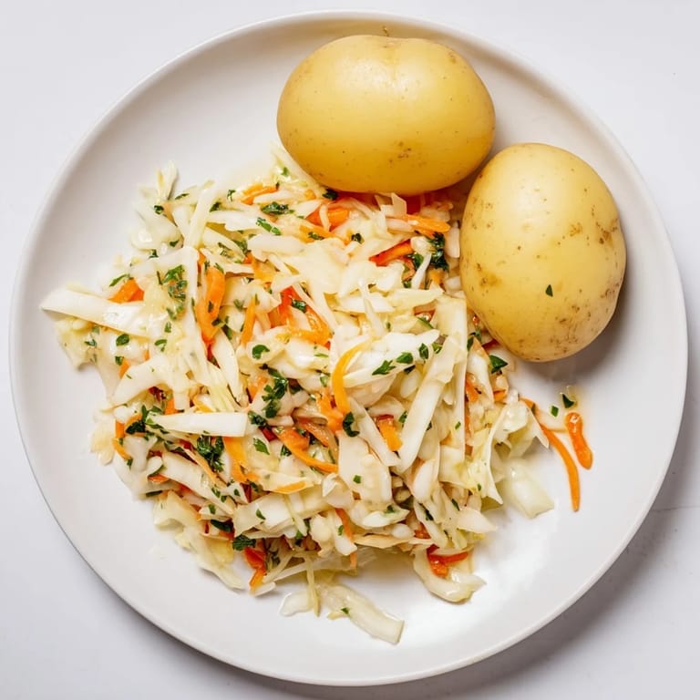 Warm, earthy Pellkartoffeln with the crisp bite of savory Krautsalat, a delightful vegetarian German meal.