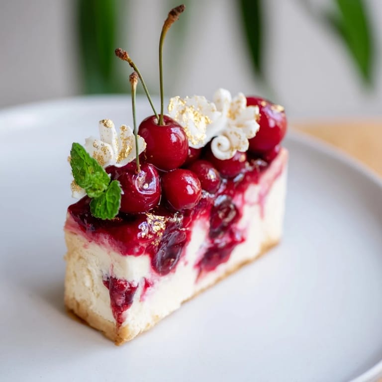 Vibrant Cherry Vibe Cheesecake: a delicious close-up, showcasing cherry swirl and decoration.