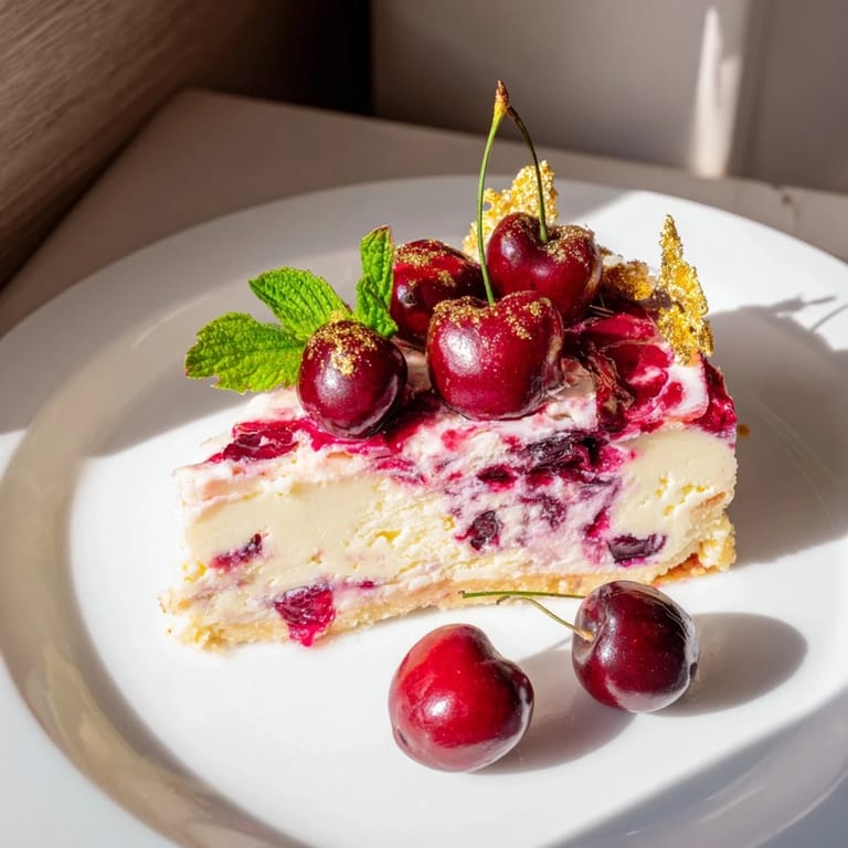 Elegant presentation of a freshly baked Cherry Vibe Cheesecake, ready for tea time sharing.