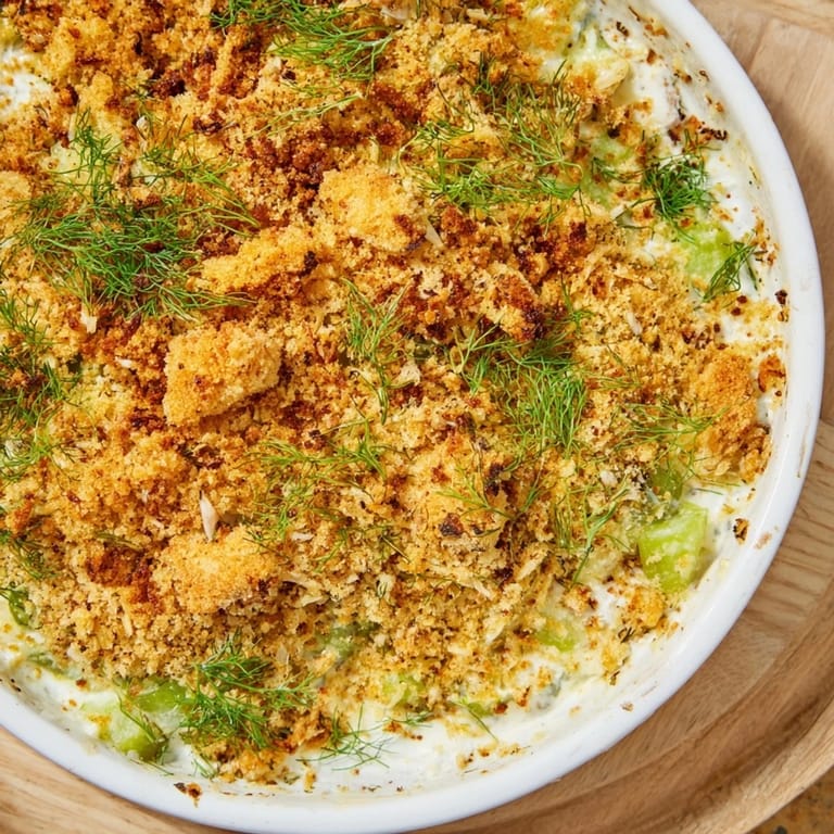 This creamy Fried Spiced Pickle Dip features a bubbling cheese center and crunchy panko topping.