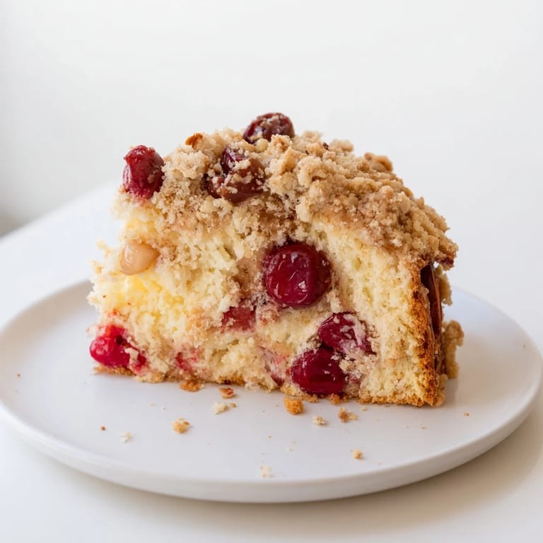 A close-up of a freshly baked Classic Firefighter Cake, showing the almond streusel and cherries.