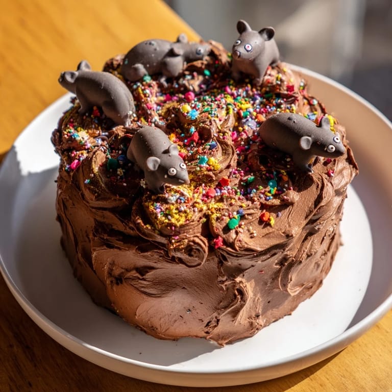 A slice of the rich Chaotic Rat Cake, showcasing its messy chocolate frosting and cute rat.